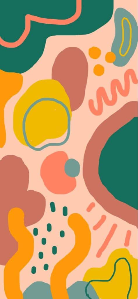 Abstract colorful pattern with green, yellow, and pink organic shapes on a beige background.