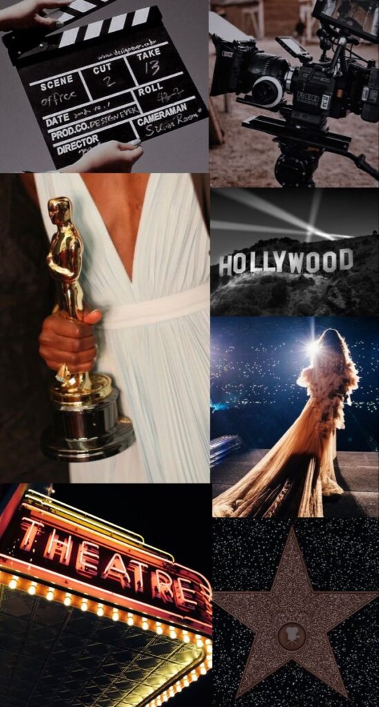 Collage of Hollywood icons: clapperboard, camera, award, Hollywood sign, theater marquee, and Walk of Fame star.