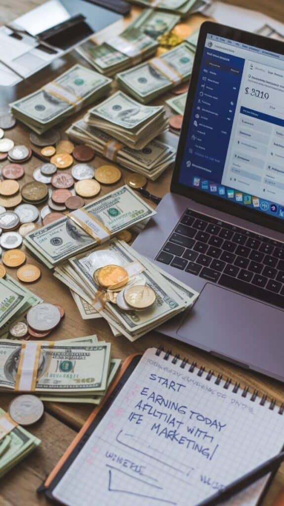 Laptop with money and affiliate marketing notes on desk, symbolizing online business opportunities.