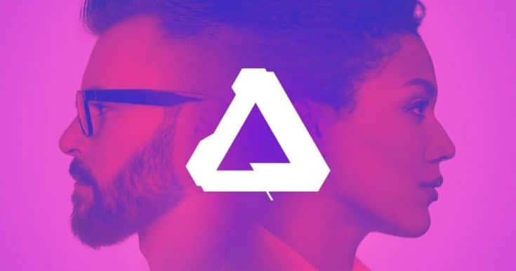 Silhouettes of a man and woman facing opposite directions with a white geometric logo in the center, pink background.