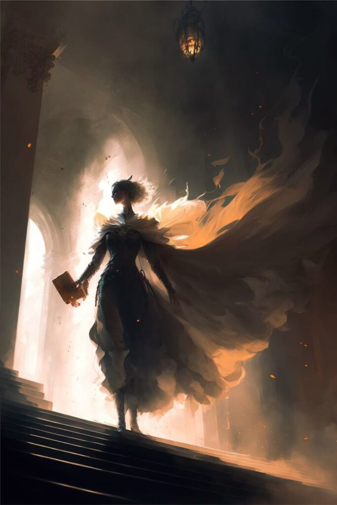 Epic fantasy character with flowing cloak holding a book, illuminated by light in a mysterious setting.
