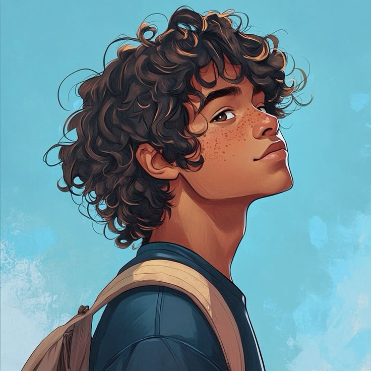 Digital art of a curly-haired teen with backpack, gazing upwards against a blue sky background.