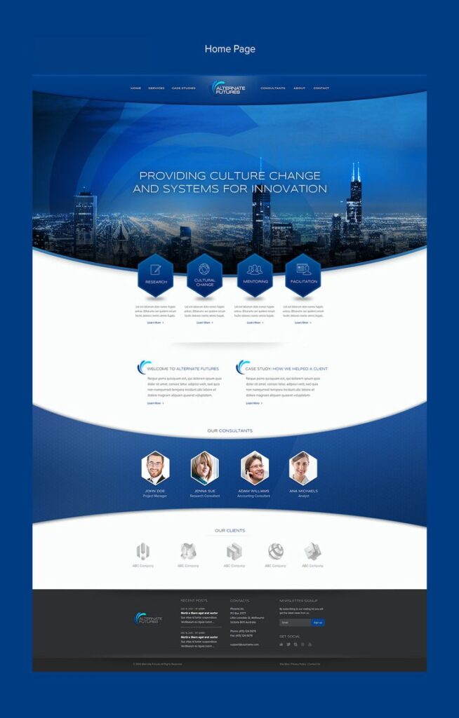Website design for Alternate Futures, highlighting culture change, innovation systems, and consultant profiles.