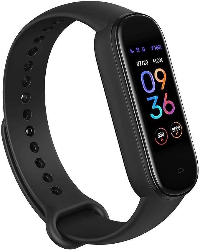 Black fitness tracker with colorful display showing time, date, and health stats, featuring a sleek, adjustable band.