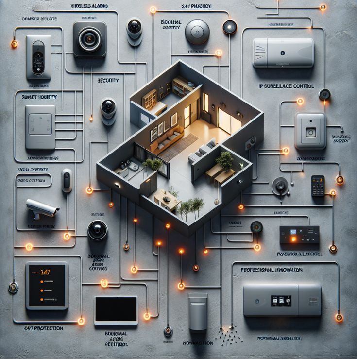 Smart home security system overview with interconnected devices and a modern interior layout.
