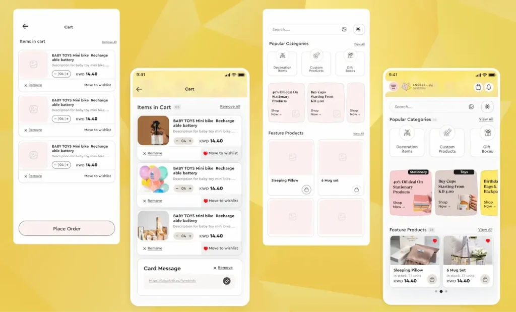 Shopping app interface displaying cart items, product categories, and featured products on a yellow background.
