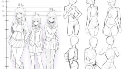 Anime character height chart and sketch poses for drawing references.