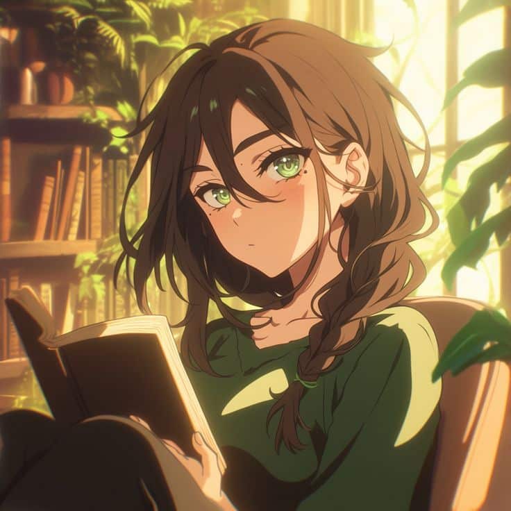 Anime OC __ Anime Icon ♡ Anime girl reading a book in a cozy, sunlit library, surrounded by plants. | Sky Rye Design Anime girl reading a book in a cozy, sunlit library, surrounded by plants.