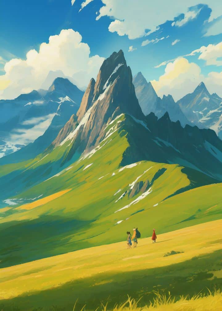 Panoramic view of three hikers walking toward majestic mountains under a bright blue sky with fluffy clouds.