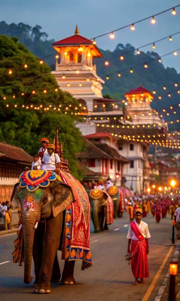 Decorated elephants parade during a vibrant cultural festival with lights and traditional attire in an evening setting.