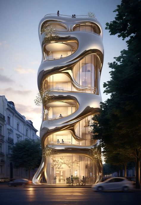 Arhitecture Futuristic architectural building with organic design elements illuminated at dusk, set in an urban street. | Sky Rye Design Futuristic architectural building with organic design elements illuminated at dusk, set in an urban street.
