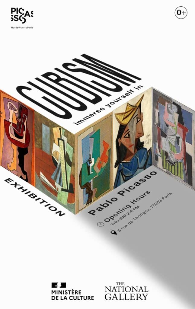 Promotional poster for Pablo Picasso's Cubism exhibition at Musée Picasso, Paris with colorful abstract art.