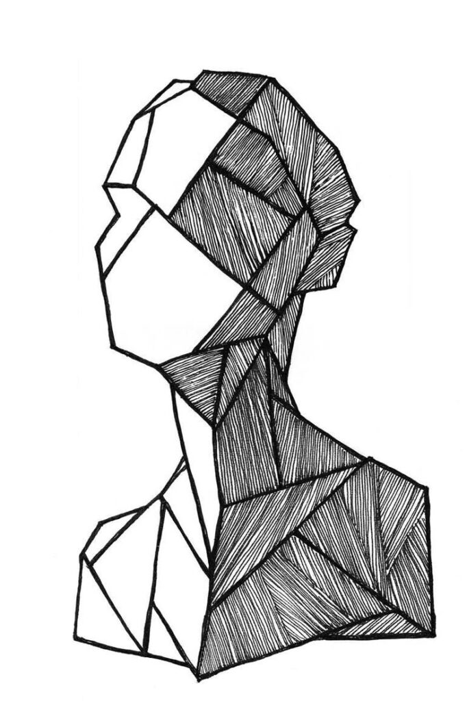Abstract geometric art of a human silhouette, black lines forming angular patterns.