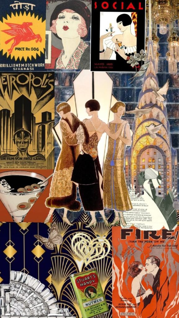 Art Deco collage featuring vintage posters, fashion, and architecture with a retro 1920s style. Vibrant and eclectic design.