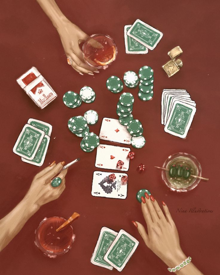 Untitled Artwork A poker game with cards, chips, cigarettes, and drinks on a red table. Hands holding cocktail and cigarette. | Sky Rye Design A poker game with cards, chips, cigarettes, and drinks on a red table. Hands holding cocktail and cigarette.