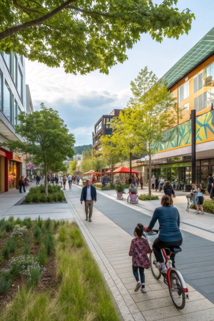 Bustling urban street lined with shops, trees, and people cycling and strolling on a sunny day.