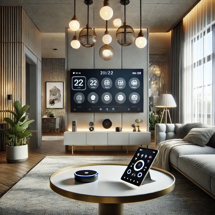 Modern living room with smart home tech, large screen TV, and tablet on table, showcasing a sleek, connected lifestyle.