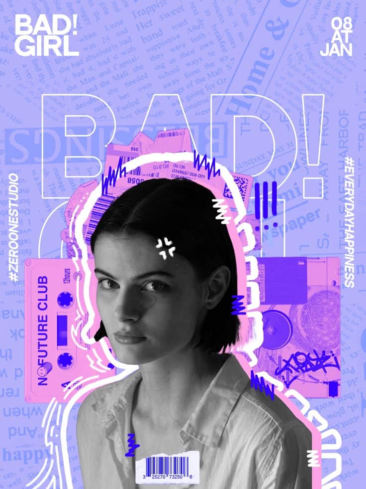 Creative design featuring a woman with modern graphic elements, text BAD! GIRL, and layered backgrounds.