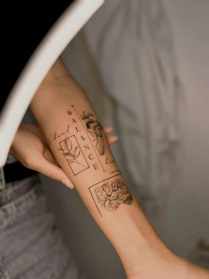Forearm tattoos with nature and brain designs, emphasizing balance and harmony.
