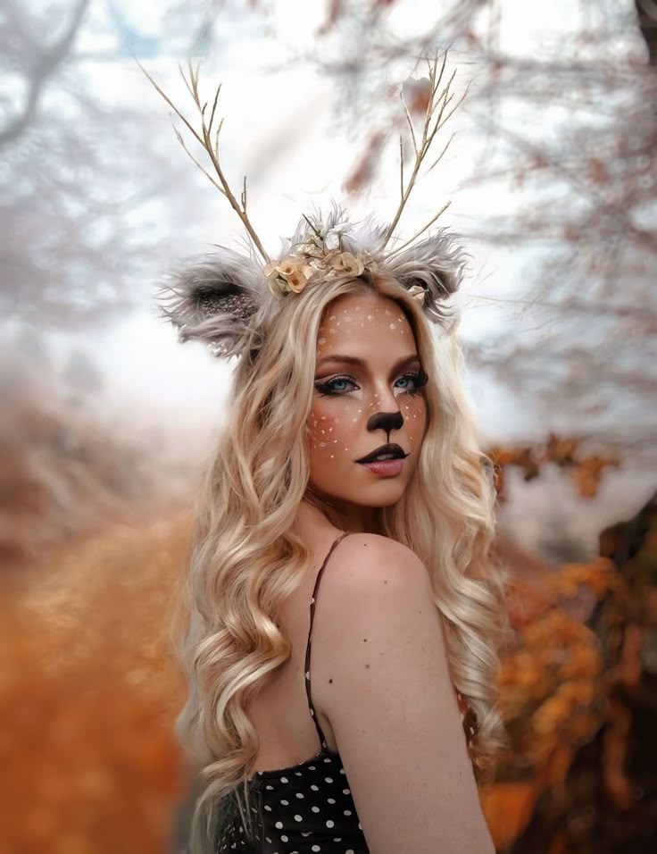 Bambi deer 🌼 makeup Blonde woman in deer-inspired costume with antler headband in an autumn forest setting. | Sky Rye Design Blonde woman in deer-inspired costume with antler headband in an autumn forest setting.