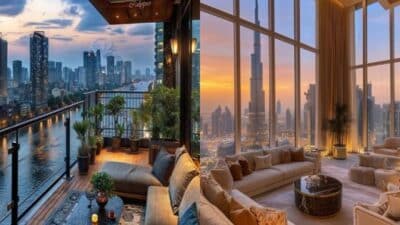 Luxurious high-rise balcony and interior with stunning city skyline views at sunset.