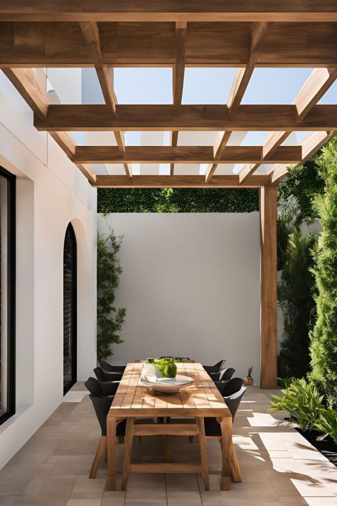 Beautiful pergola ideas for ultimate relaxation Modern outdoor patio with wooden pergola and dining set, surrounded by lush greenery and white walls. | Sky Rye Design Modern outdoor patio with wooden pergola and dining set, surrounded by lush greenery and white walls.