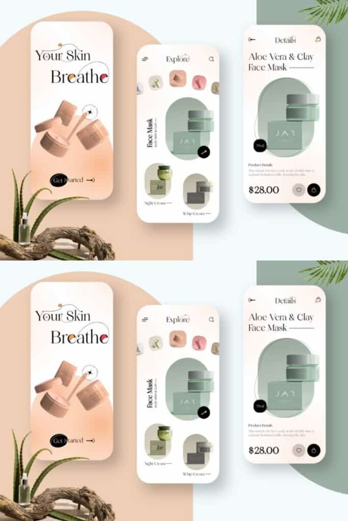 Skincare app interface showcasing Aloe Vera & Clay Face Mask, night cream, and beauty products.