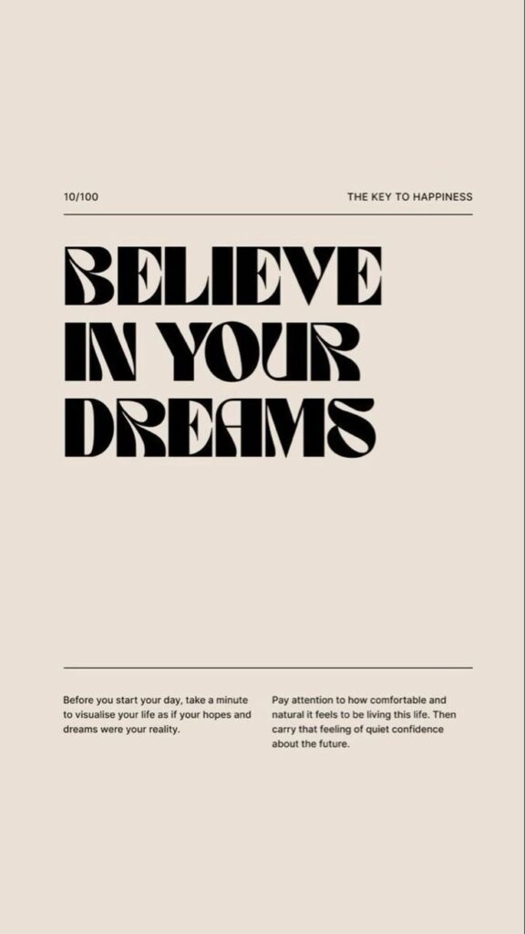 Motivational message: 'Believe in Your Dreams' on beige background with inspirational text about visualizing success.