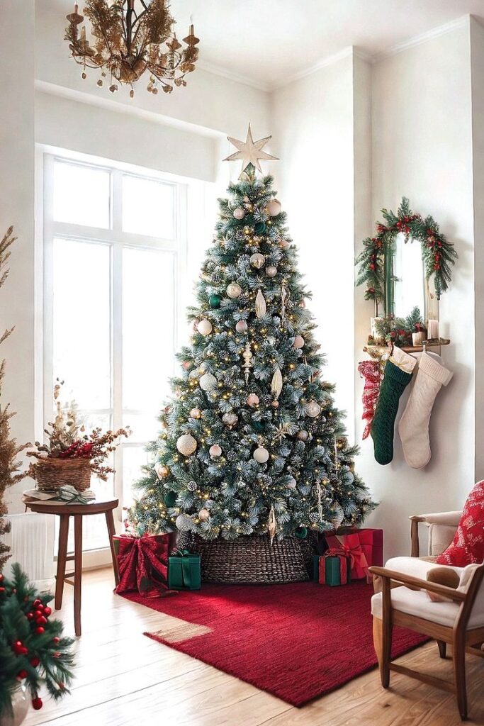 Decorated Christmas tree with ornaments and gifts on a red rug in a cozy, festive living room setting.