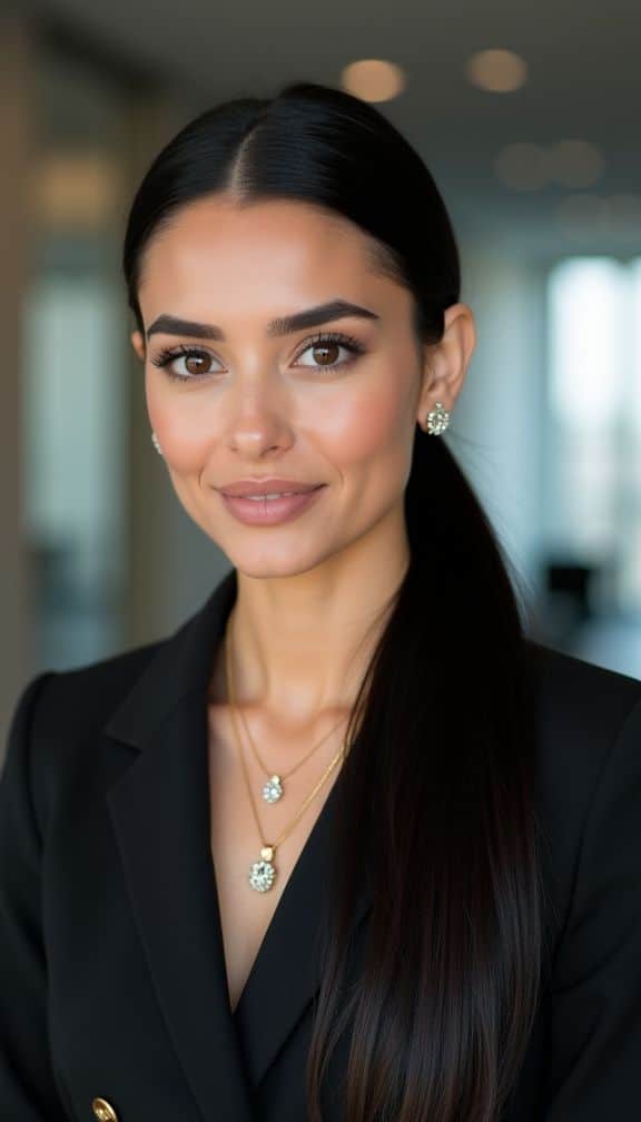 Best Haircuts for Oval Shaped Face - 2025 Fresh Cuts_ Find Your Next Signature Style Professional woman in black suit with elegant makeup and jewelry, smiling confidently in an office setting. | Sky Rye Design Professional woman in black suit with elegant makeup and jewelry, smiling confidently in an office setting.