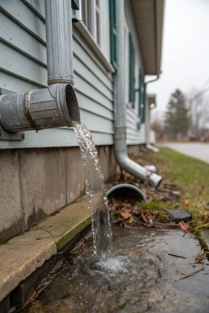 Rainwater flows from a metal downspout on a house, highlighting gutter drainage system efficiency.