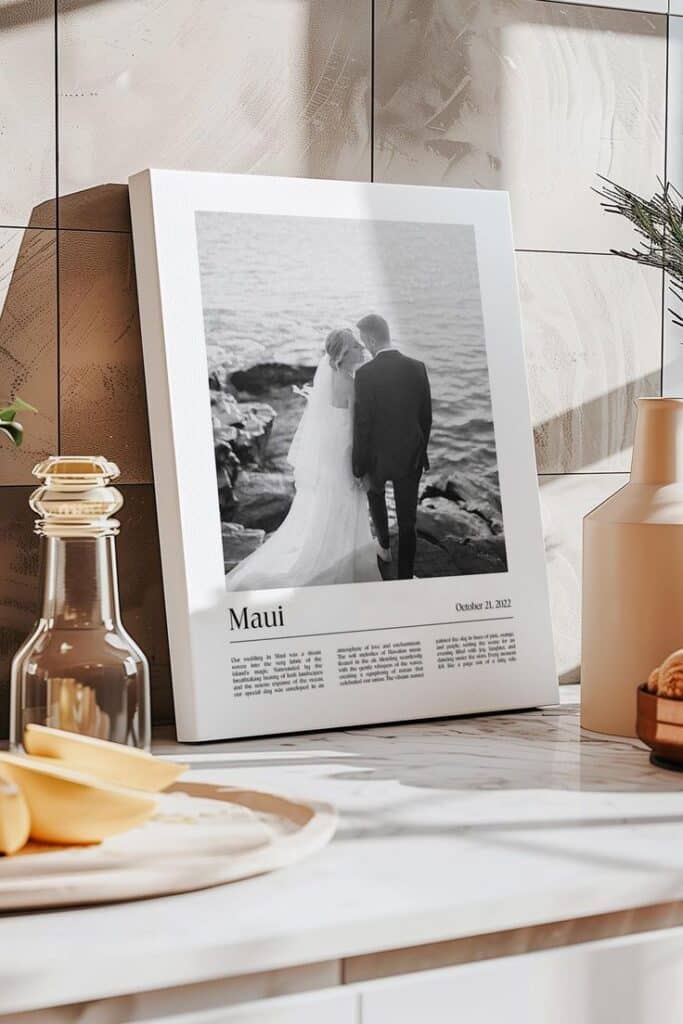 Best Personalized Photo Gifts for Home Decor Framed wedding photo titled Maui on a marble countertop, bathed in sunlight. | Sky Rye Design Framed wedding photo titled Maui on a marble countertop, bathed in sunlight.