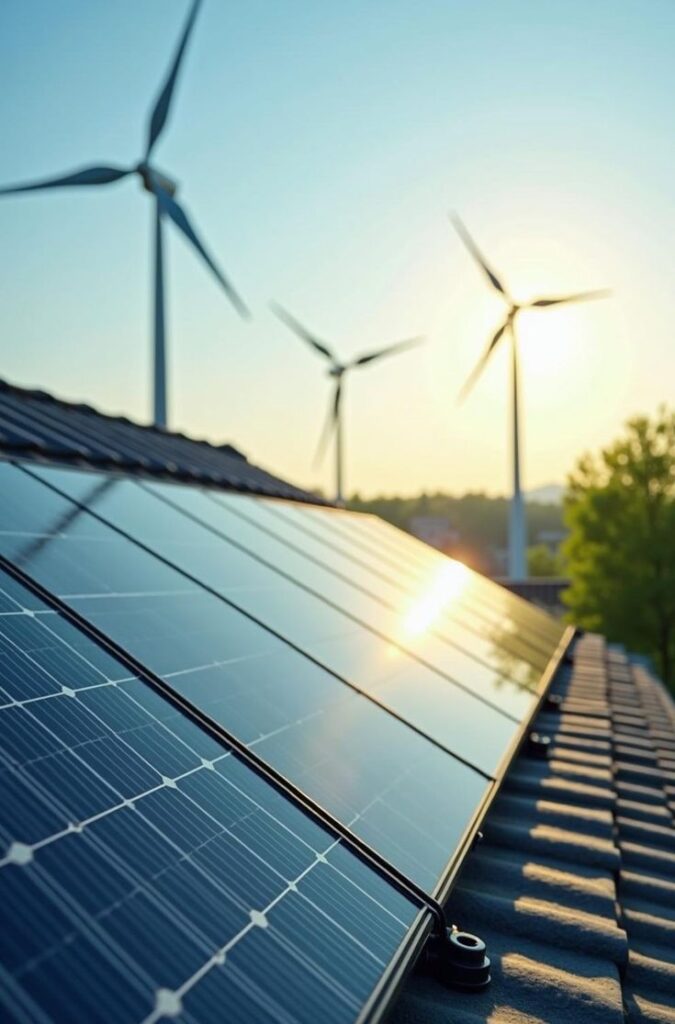 Solar panels and wind turbines at sunrise, showcasing renewable energy solutions for a sustainable future.