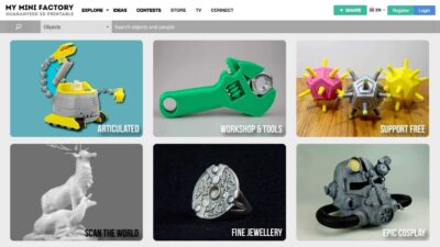 3D printable objects showcased: articulated robot, wrench, geometric toys, deer sculpture, ring, cosplay helmet.