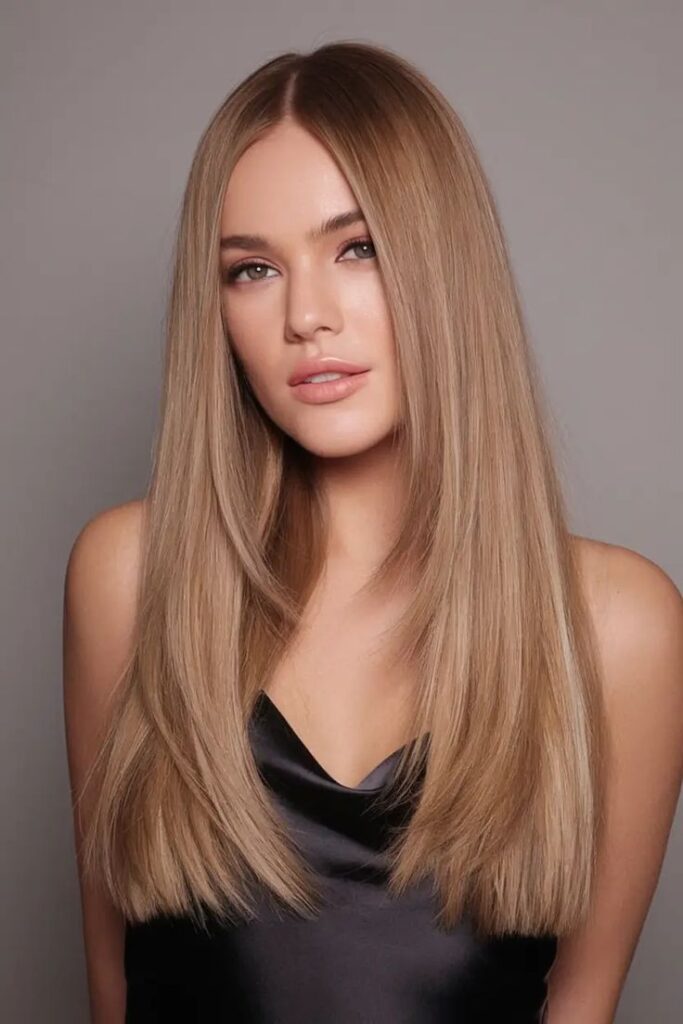 Blonde Balayage on Straight Hair Woman with long, straight blonde hair wearing a black top, looking confidently at the camera. Elegant hair and fashion. | Sky Rye Design Woman with long, straight blonde hair wearing a black top, looking confidently at the camera. Elegant hair and fashion.
