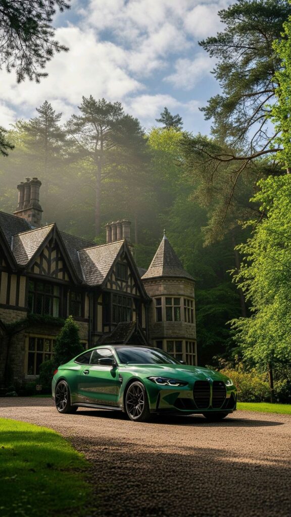Green luxury car parked in front of a historic mansion surrounded by lush green trees on a sunny day.