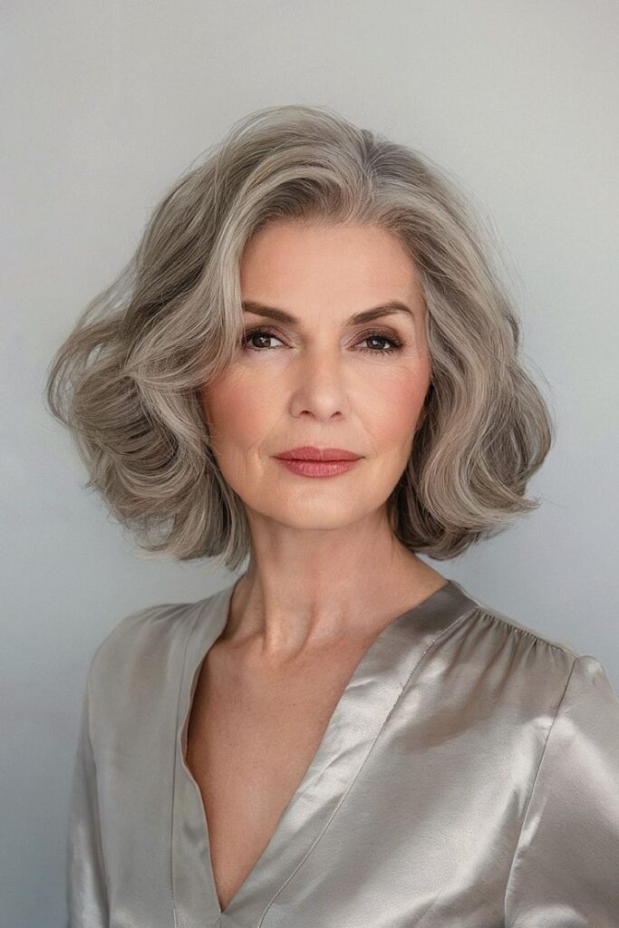 Bob Hairstyles for Older Women That Prove Age Is Just a Number in 2025 - Cuts Hues Elegant woman with gray hair in a silky blouse, neutral background. | Sky Rye Design Elegant woman with gray hair in a silky blouse, neutral background.