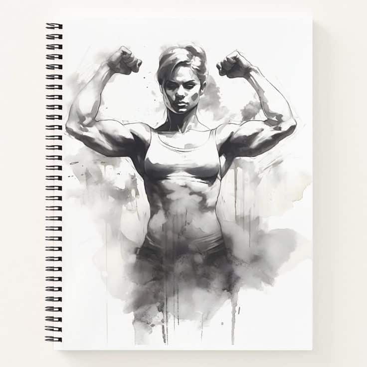 Illustrated woman flexing muscles in ink style, symbolizing strength and empowerment.