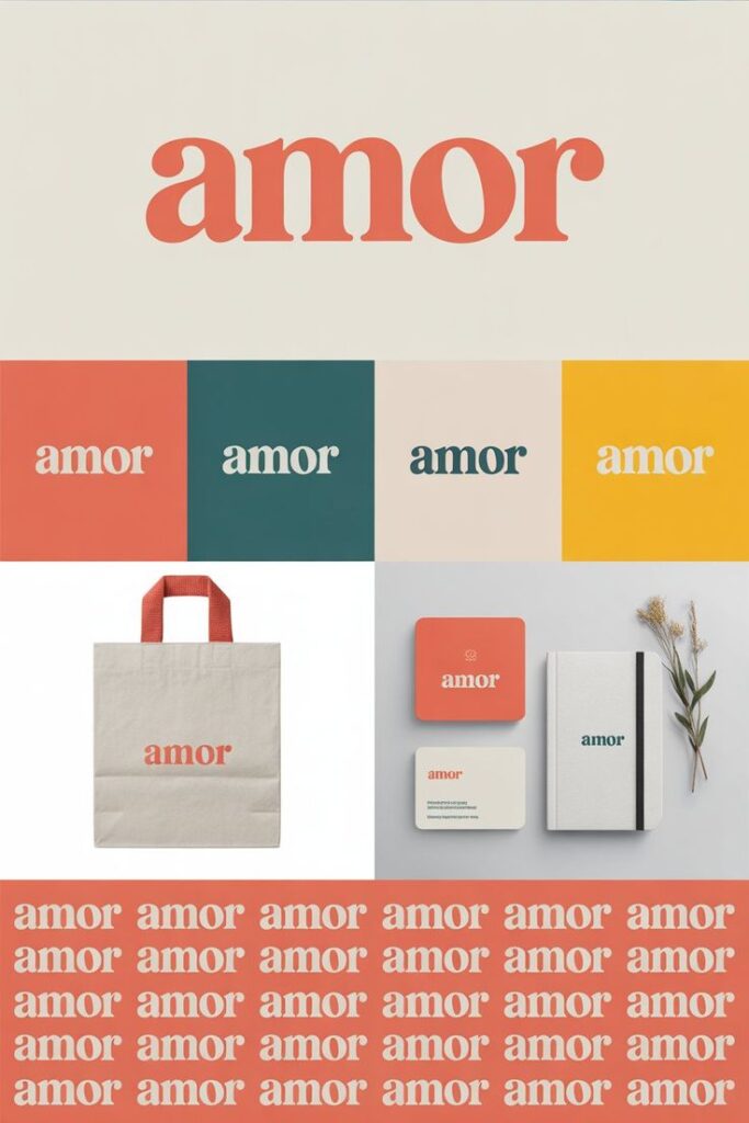 Branding design with 'amor' in varied colors on tote bag, stationery, and backgrounds.