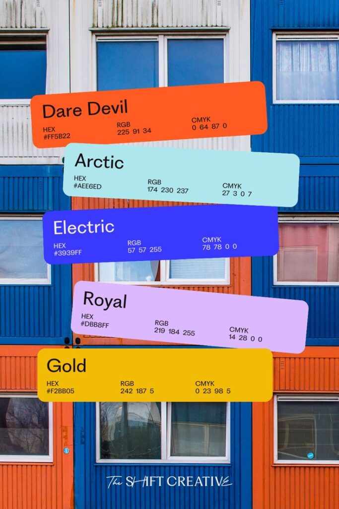 Color palette samples Dare Devil, Arctic, Electric, Royal, and Gold over a vibrant building background.