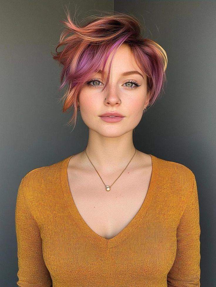 Short, colorful hairstyle with pink and orange hues, worn by a person in a mustard sweater. Fashion and hair inspiration.