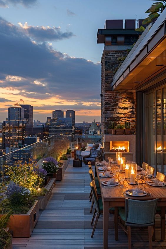 Elegant rooftop dining at sunset with city skyline views, cozy lighting, and lush greenery creating a serene atmosphere.