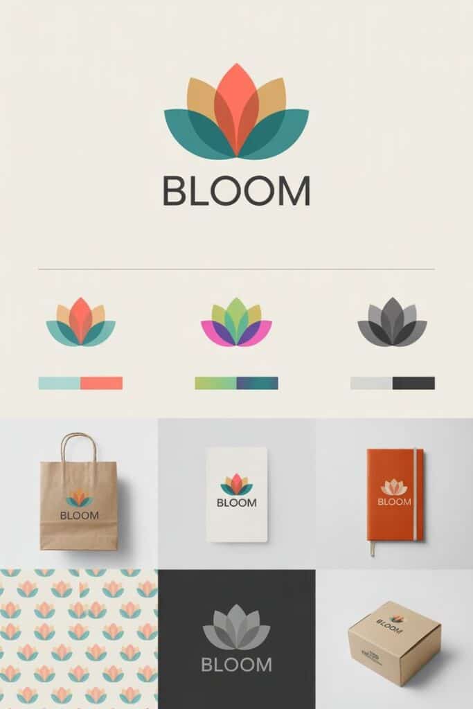 Colorful Bloom logo variations on merchandise: bags, cards, notebook, and packaging, showcasing branding options.