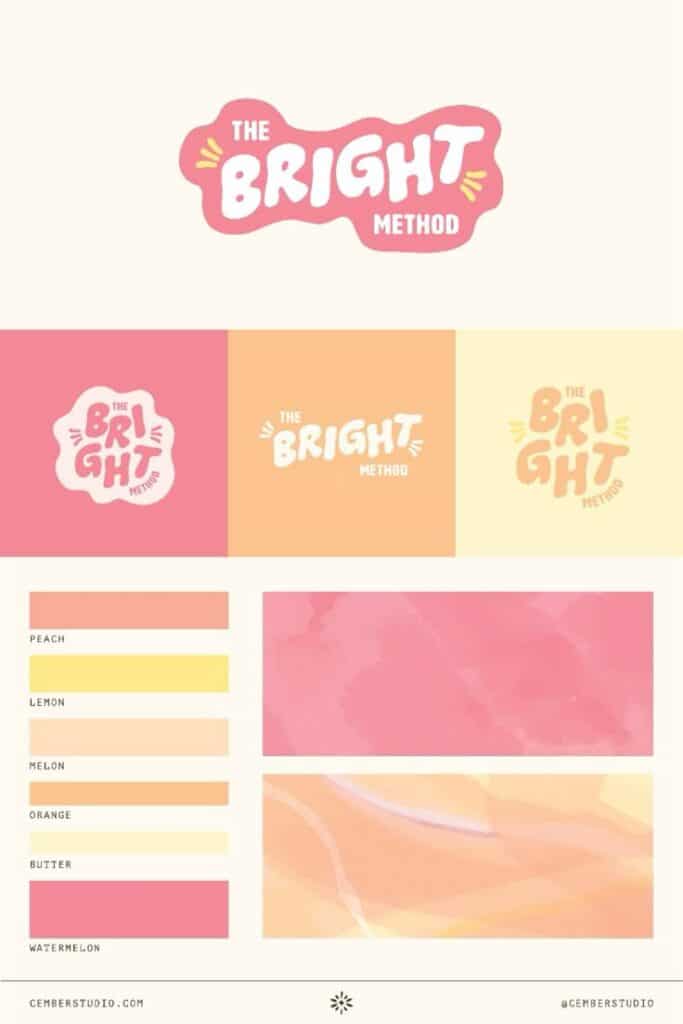 The Bright Method logo with pastel color palette including peach, lemon, melon, orange, and watermelon hues.