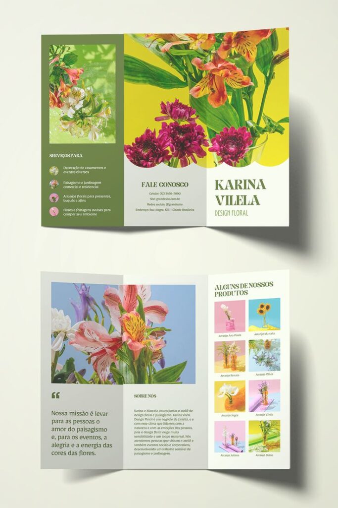 Floral design brochure showcasing vibrant flower arrangements and services by Karina Vilela Design Floral.