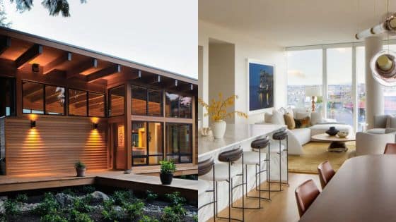 Budget-Friendly Remodeling Strategies for Every Homeowner Modern home exterior with wood paneling and spacious living room with large windows and contemporary decor. | Sky Rye Design Modern home exterior with wood paneling and spacious living room with large windows and contemporary decor.