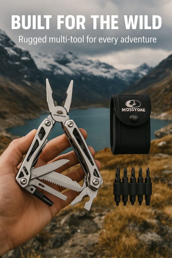 Multi-tool for adventure with pliers, knives, and bits, held in hand by a mountain lake, rugged backdrop.