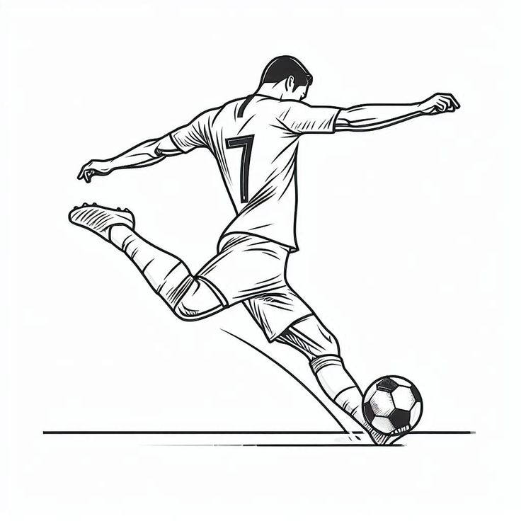 Illustration of a soccer player wearing number 7 jersey, kicking a ball with dynamic movement.