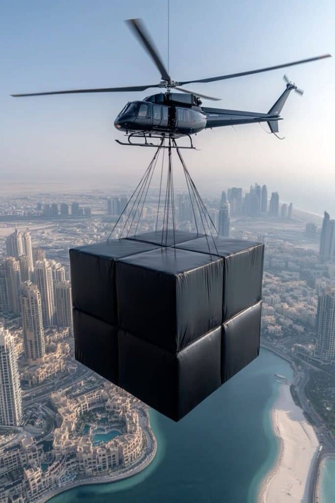 Helicopter transporting large black cube above a city skyline with skyscrapers and coastline below.