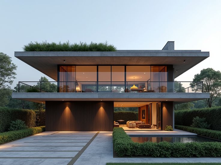 Modern two-story house with large windows, rooftop garden, and illuminated driveway at dusk.